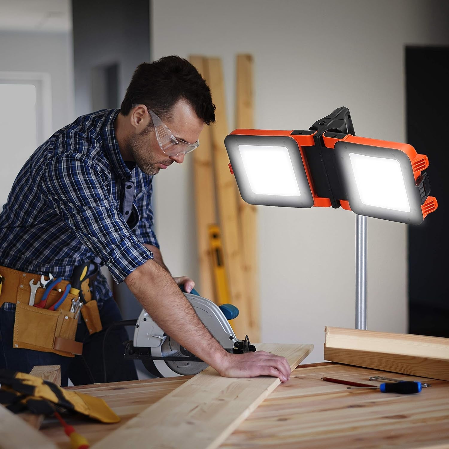 Dual-Head LED Work Light Rechargeable Job Site Lighting,Cordless 2000Lm Flood Light with Tripod Telescoping,Dimmable,Detachable,Waterproof,For Outdoor Camping,Construction,Car Repairing,Orange