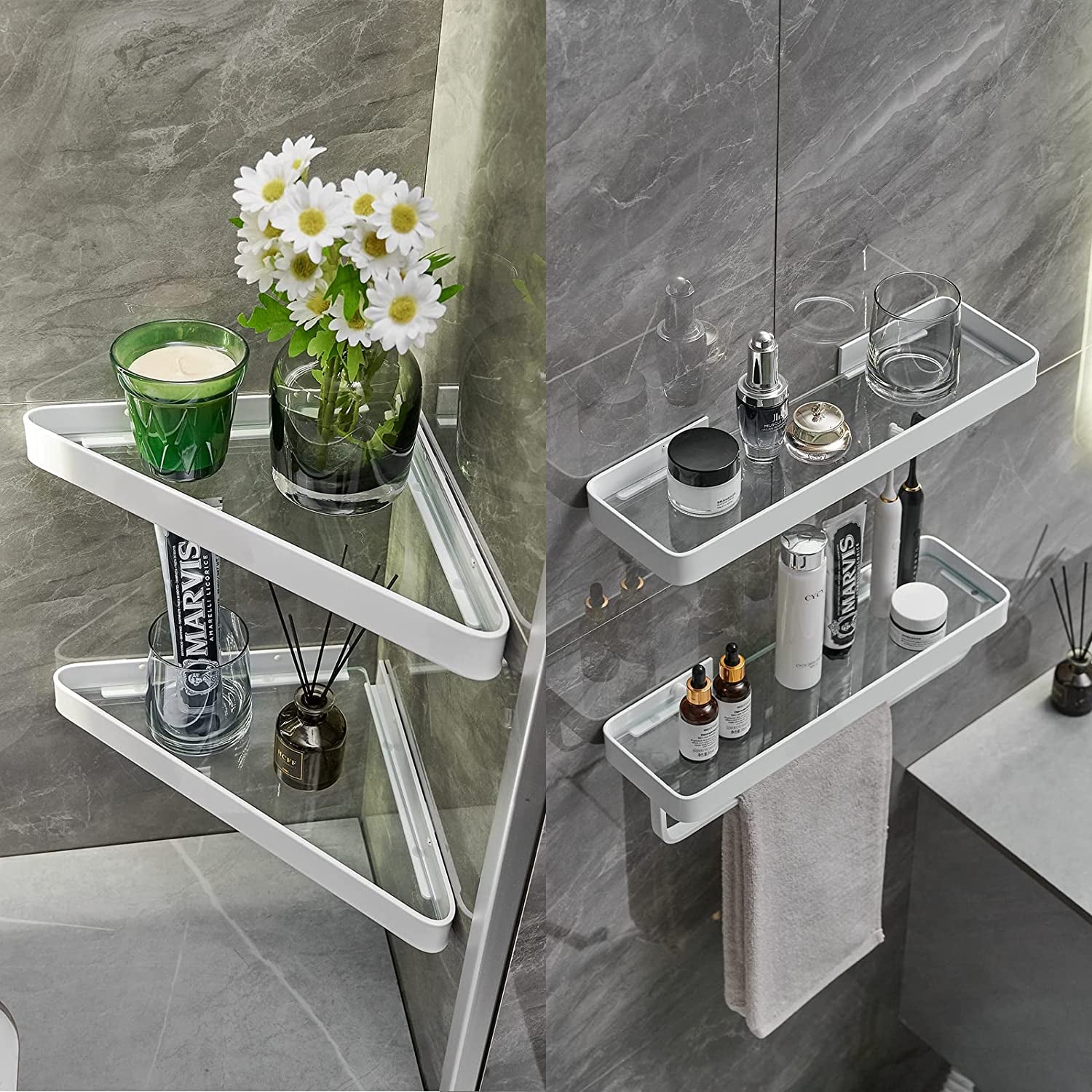 Bathroom Shelves Wall Mounted Glass Corner Shelf for Bathroom Floating Shelf Tempered Glass Wall Organizer 2-Tier(White)