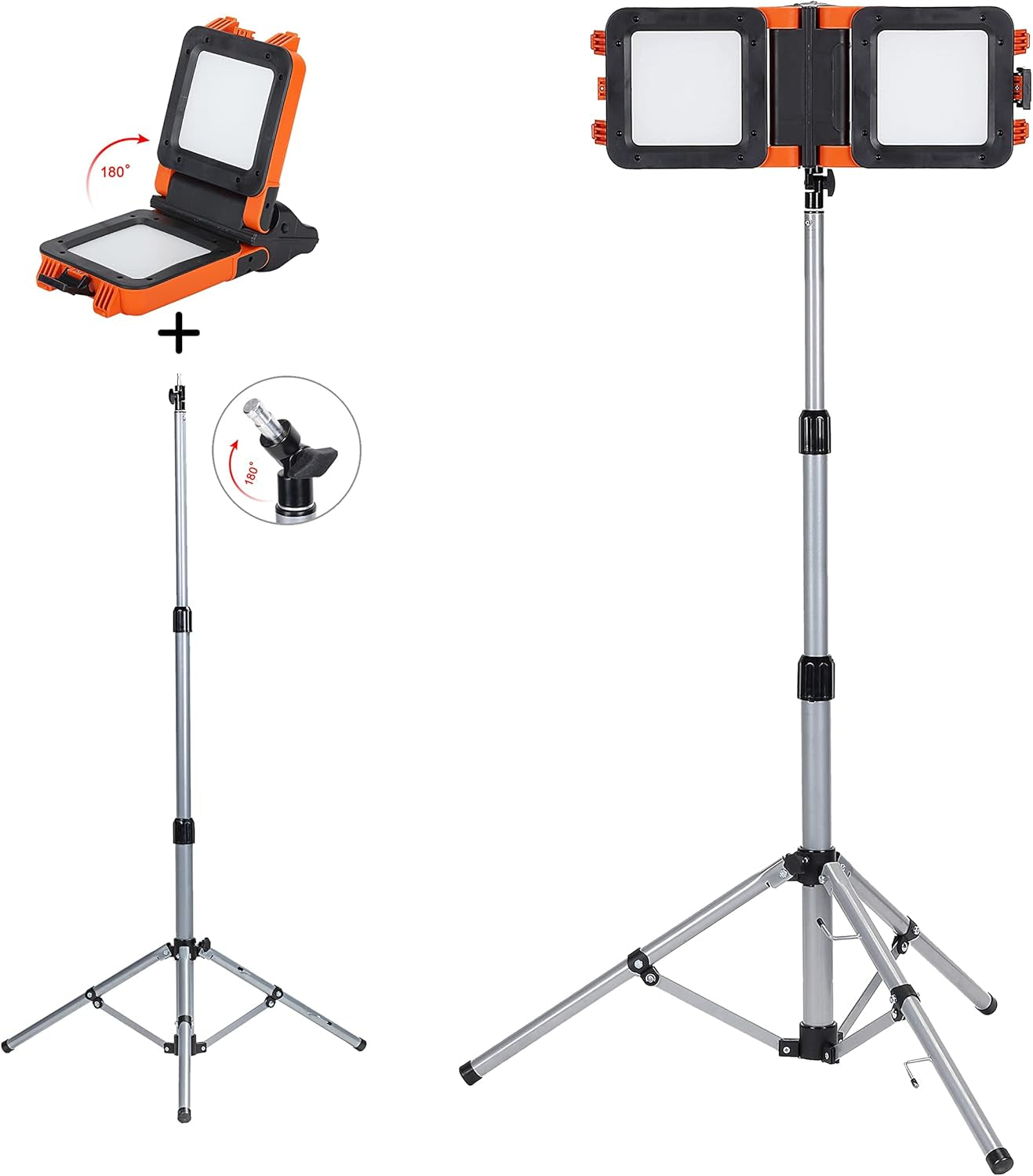 Dual-Head LED Work Light Rechargeable Job Site Lighting,Cordless 2000Lm Flood Light with Tripod Telescoping,Dimmable,Detachable,Waterproof,For Outdoor Camping,Construction,Car Repairing,Orange