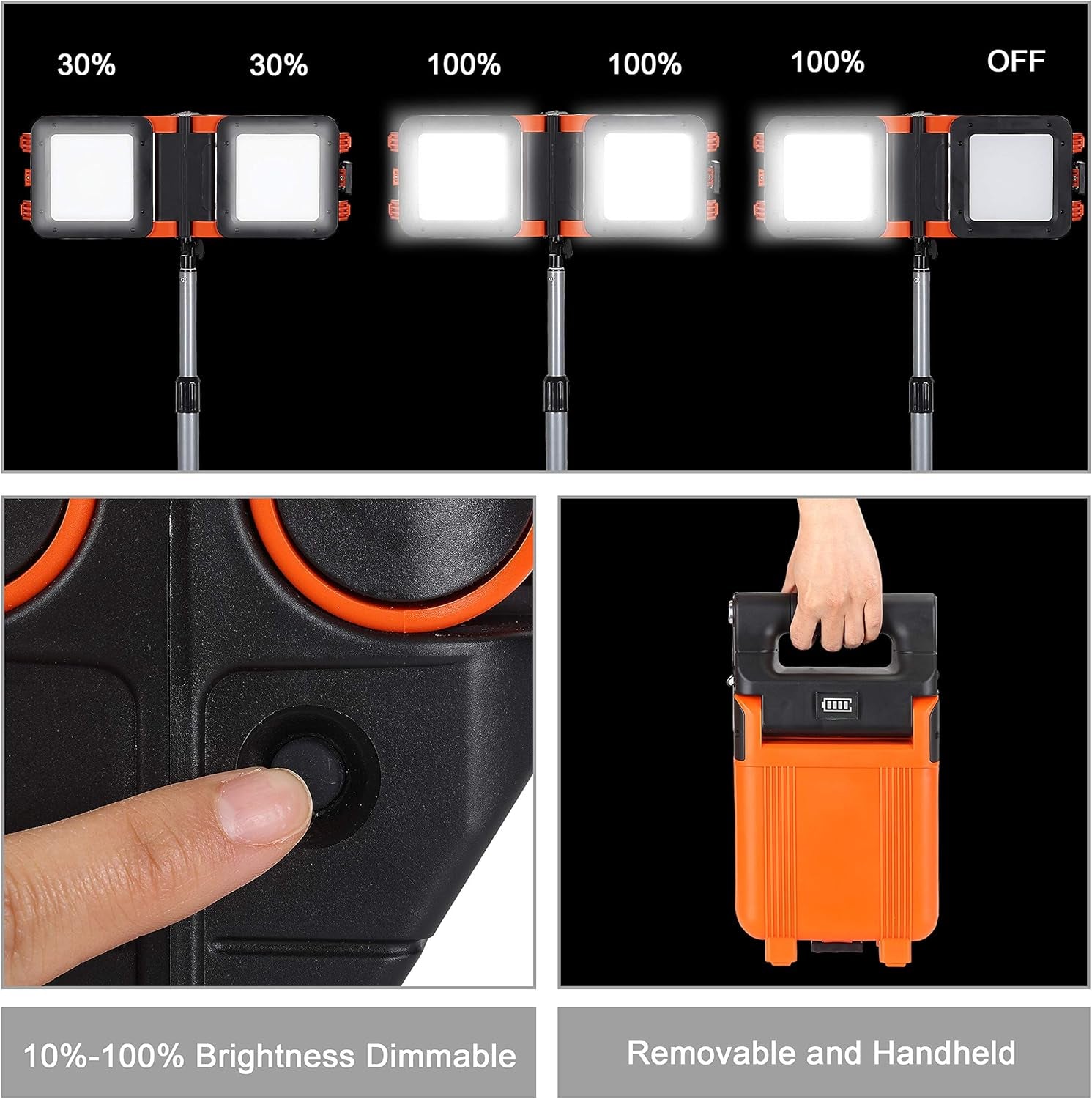 Dual-Head LED Work Light Rechargeable Job Site Lighting,Cordless 2000Lm Flood Light with Tripod Telescoping,Dimmable,Detachable,Waterproof,For Outdoor Camping,Construction,Car Repairing,Orange