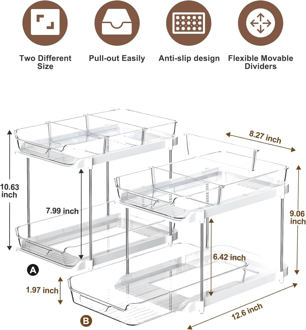 2 Pack Set under Sink Organizers and Storage, 2 Tier Sliding Bathroom Sink Organizer, Multi-Use under Kitchen Cabinet Storage Shelf (S&L), Transparent